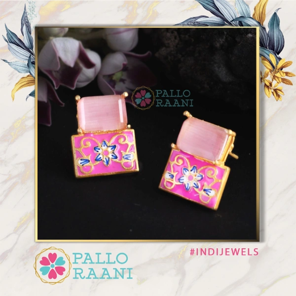 Powder pink  stone handpainted meenakari stud - pink, gold